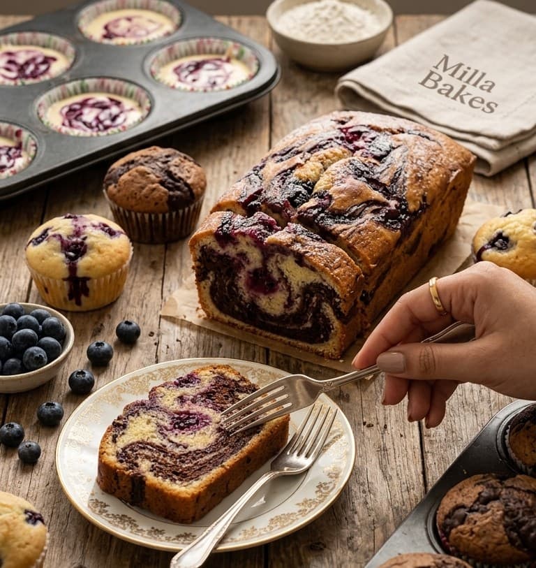 A fresh marble-berry loaf, muffins and cheesecake bites from Milla's Bakery