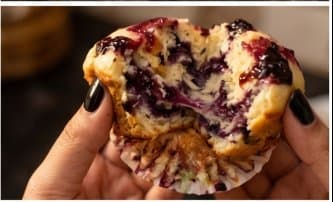 Milla holding a fresh lemon blueberry muffin